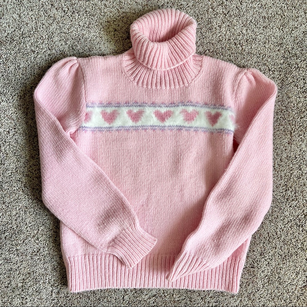 Incredible pink vintage puff sleeve heart sweater - just like LoveShackFancy!